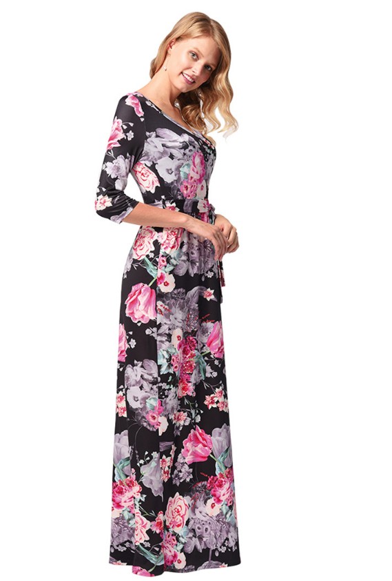 SZ60136-2 Floral Print Long Dress Short Sleeve Empire Flower Maxi Dresses